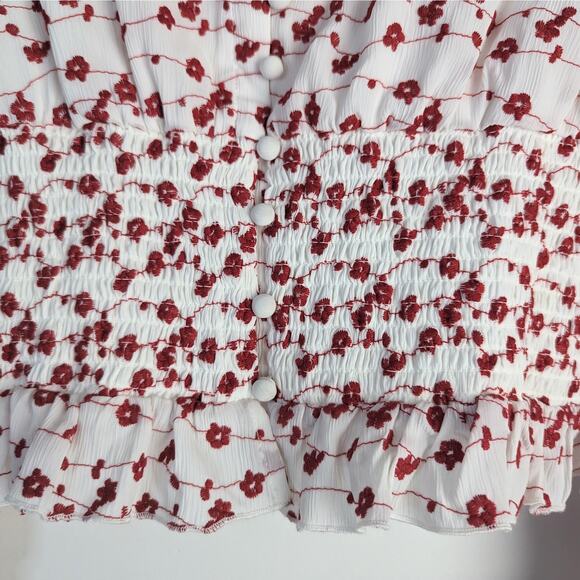 Code X Mode White Red Floral Print Long Sleeve Embroidered Smocked Top Size S - Picture 5 of 8